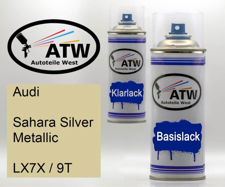 Audi, Sahara Silver Metallic, LX7X / 9T: 400ml Sprühdose + 400ml Klarlack - Set, von ATW Autoteile West.